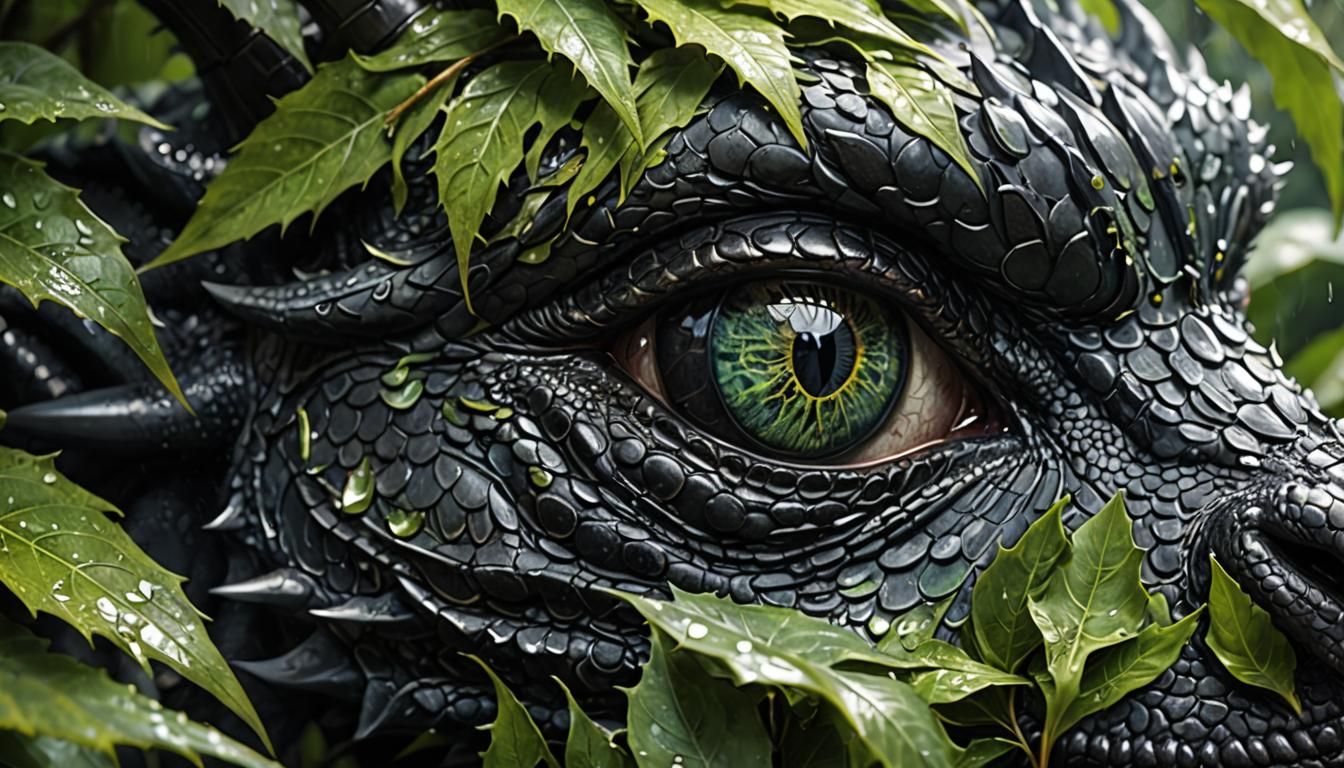 Detailed Black Dragon Hiding in Rainy Leaves