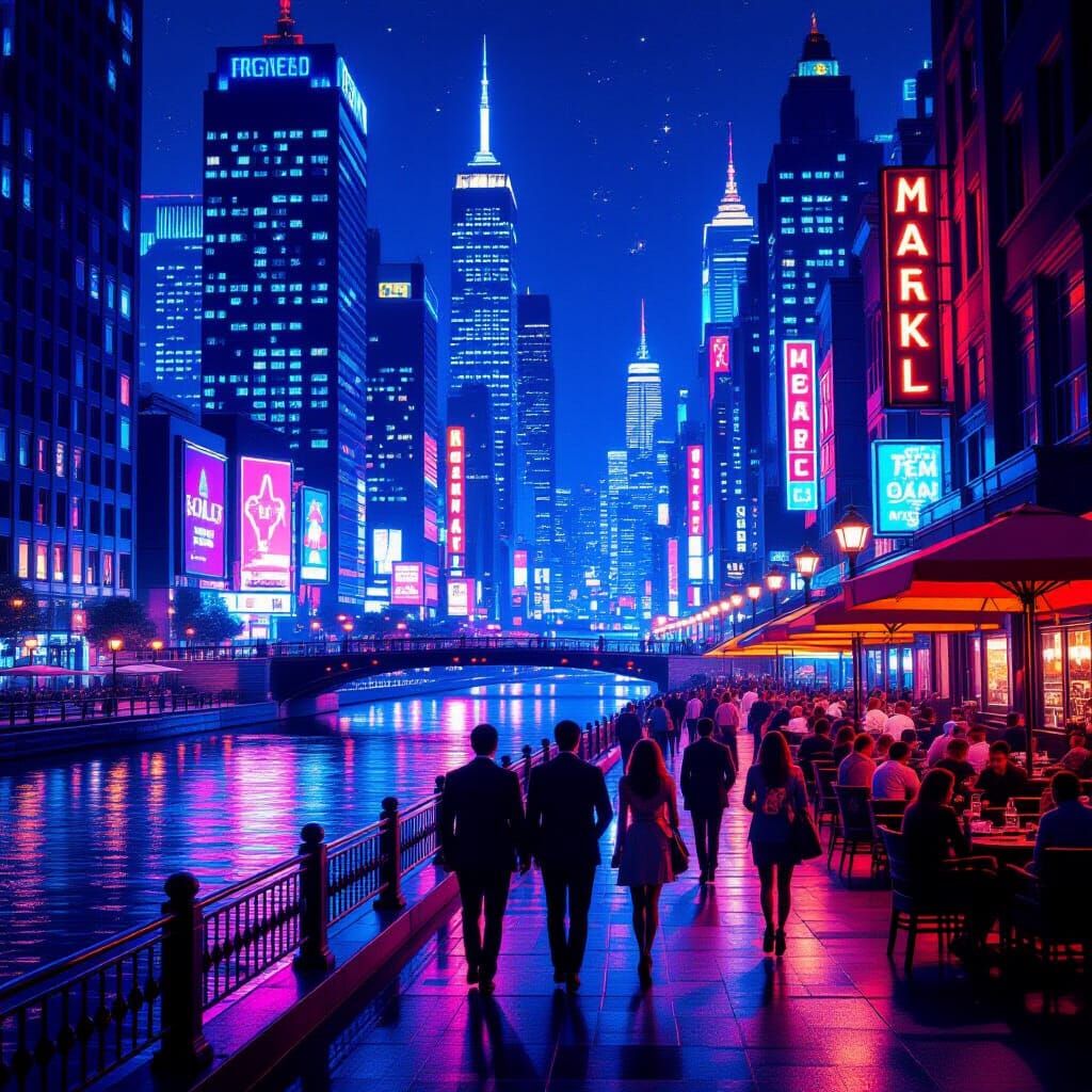 Vibrant City Nightlife With Neon Lights And Skyscrapers