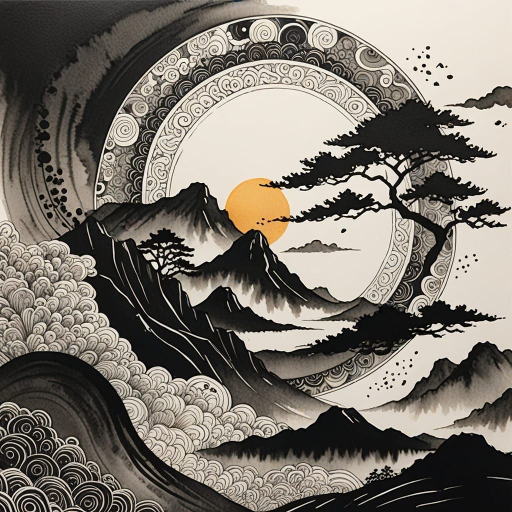 Zen Ink Artwork With Horizon and Sun