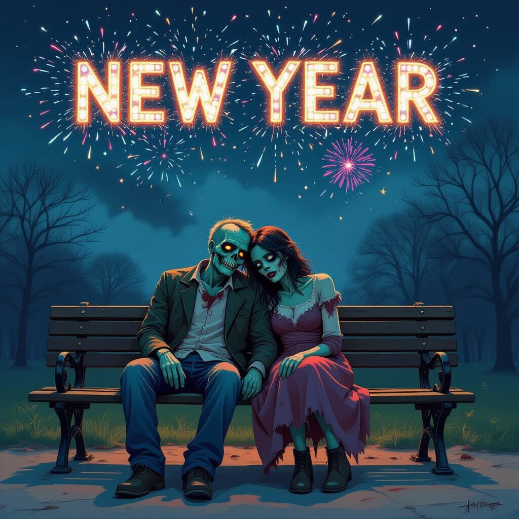 Zombie Couple and Fireworks on New Year