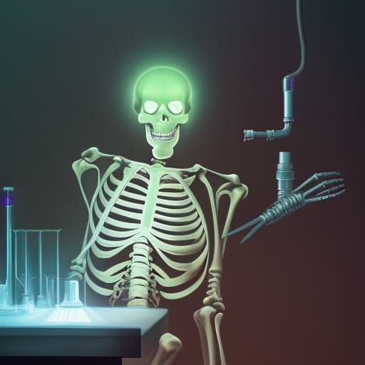 Sinister Glowing Skeleton Scientist in Laboratory