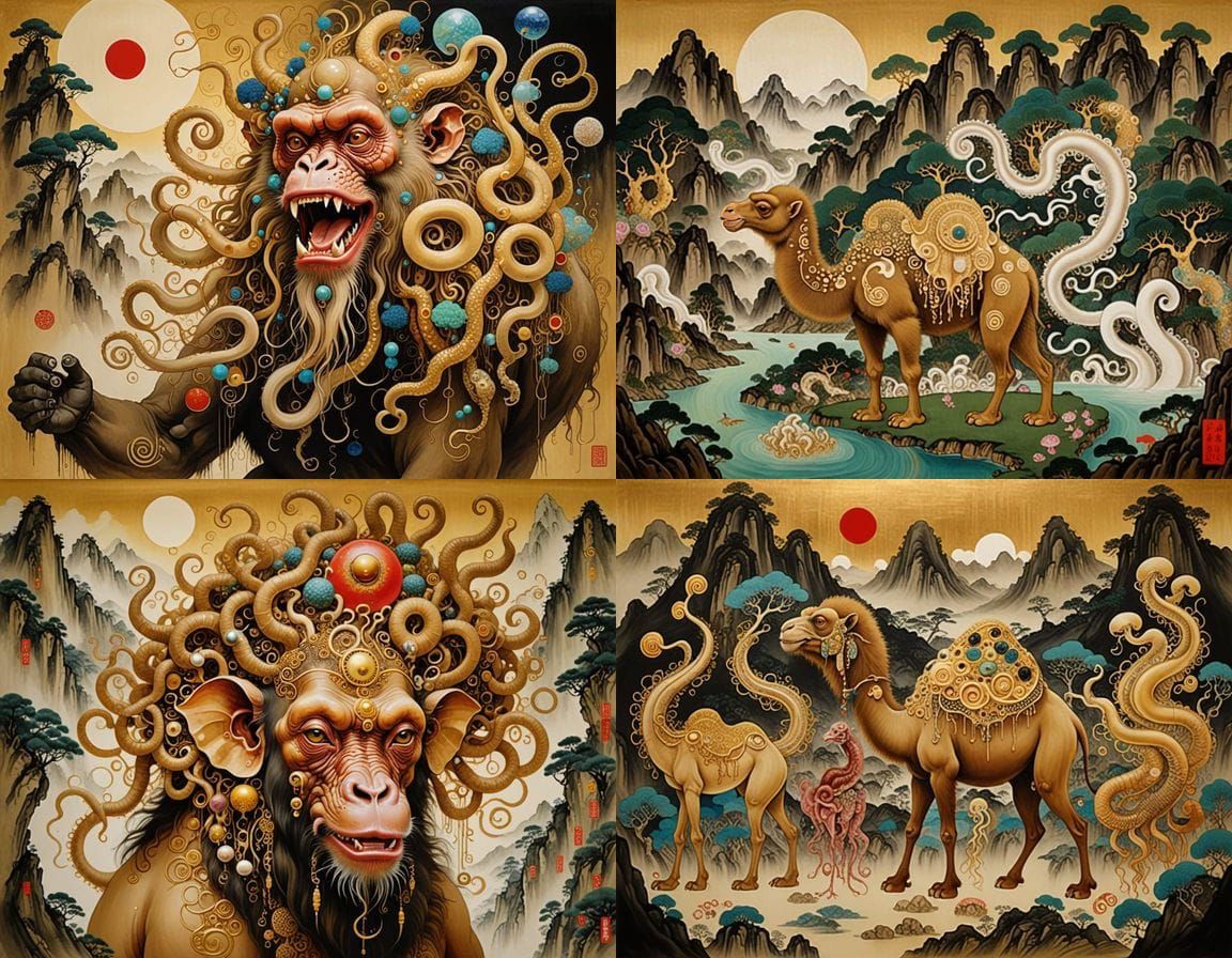 Mythical Hybrid in Shan Shui Landscape, Klimt Motifs