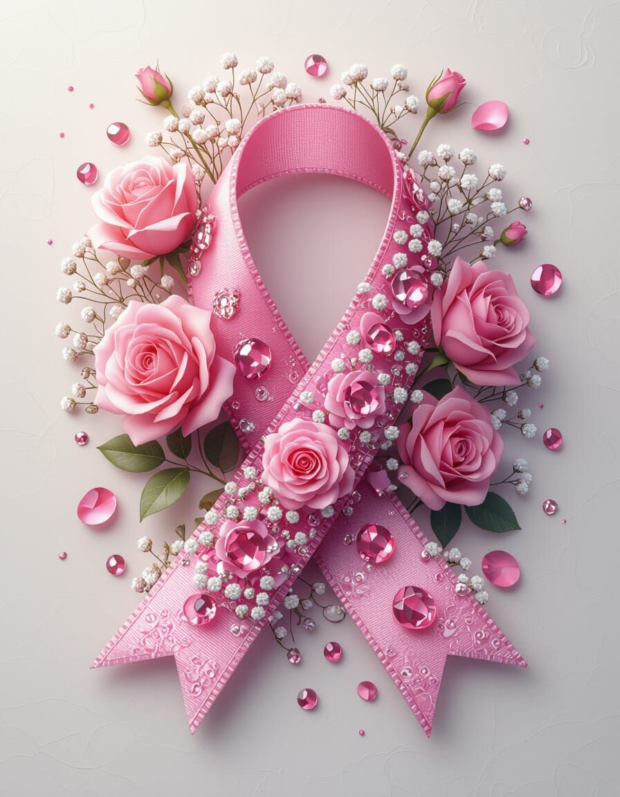 Pink Jeweled Ribbon with Roses, Lace, Pearls - Watercolor Ar...