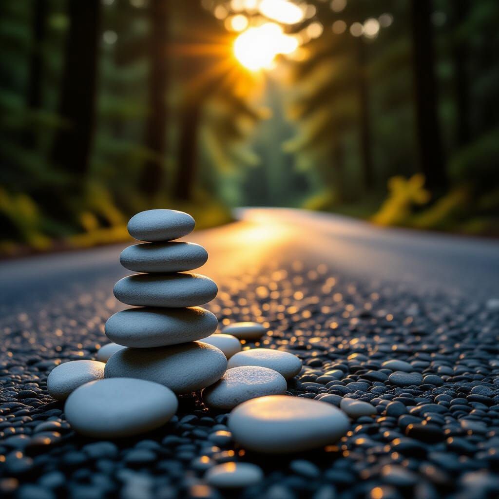 Pebble Stack Beside Forest Path in Golden Light