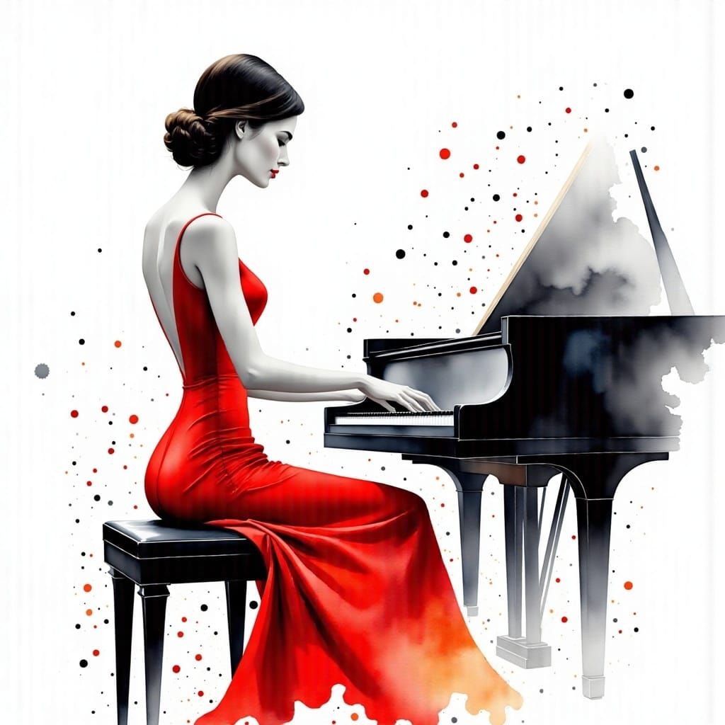 Woman Plays Piano with Passion in Expressionist Style