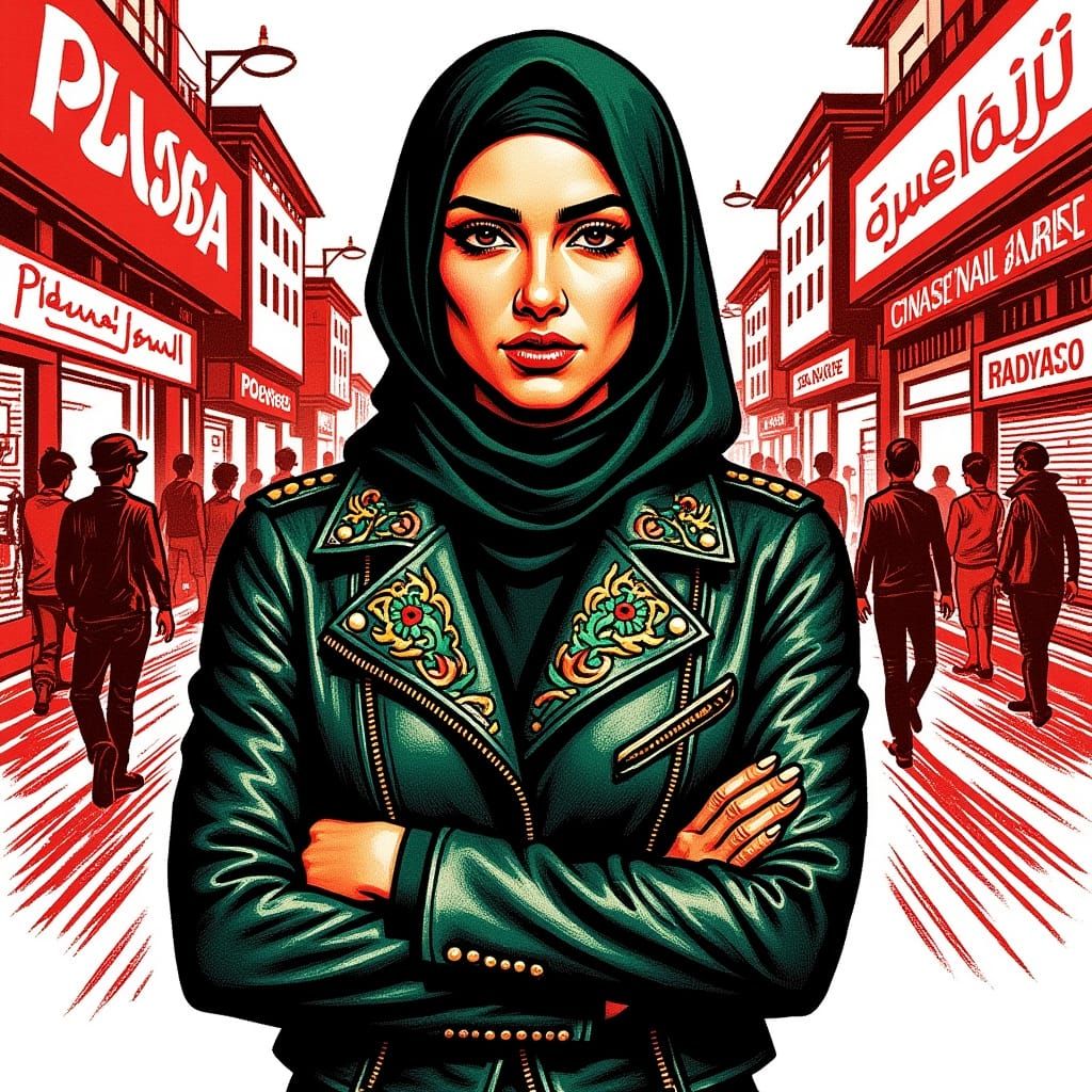 Palestinian Woman in Leather Jacket Ink Wash Portrait