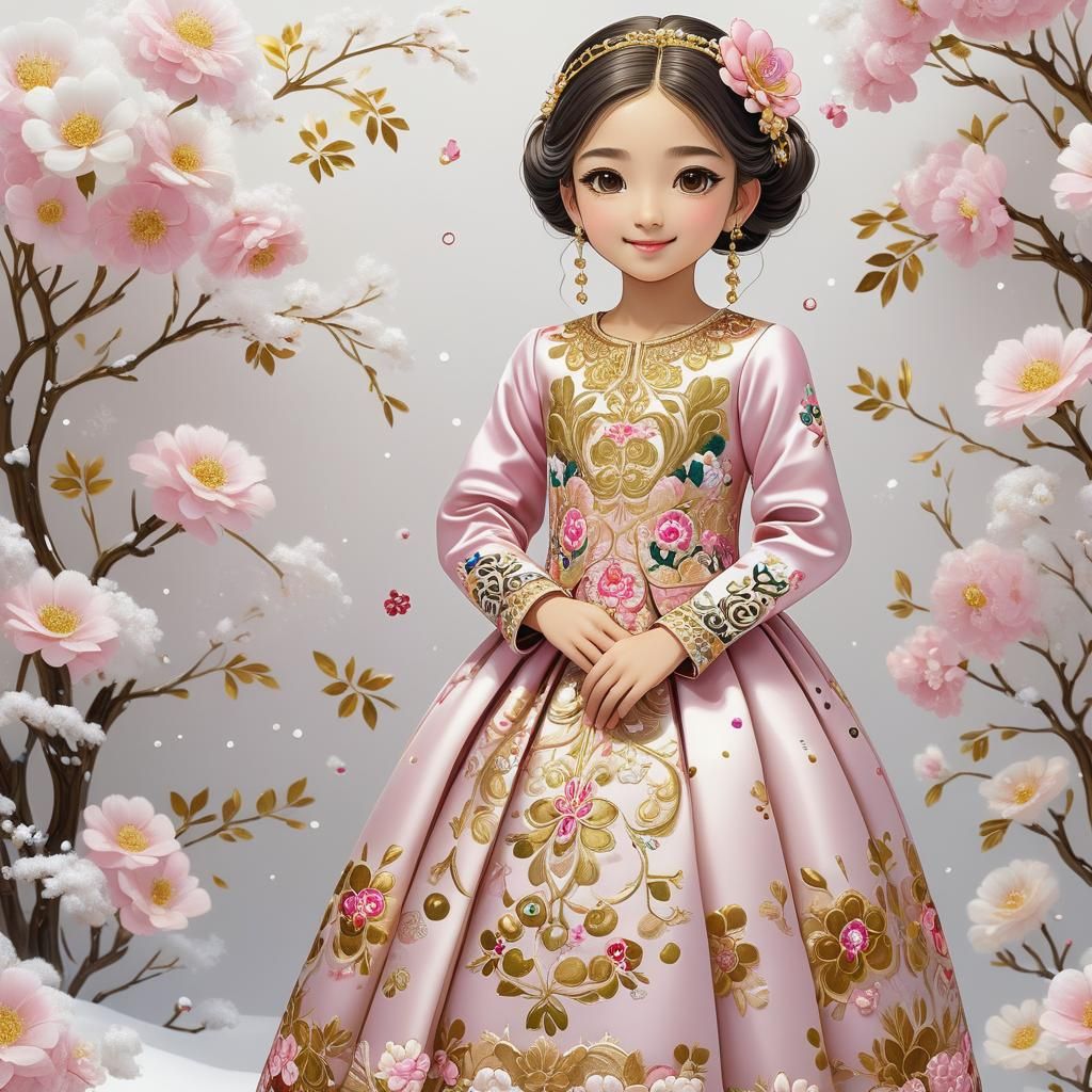 Algerian Girl in Pink Dress, Elegant Anime Style