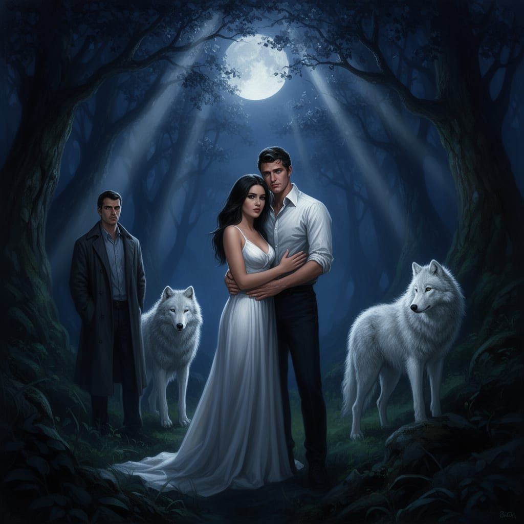 Moonlit Forest Encounter: Couple and Wolves in Dark Fantasy