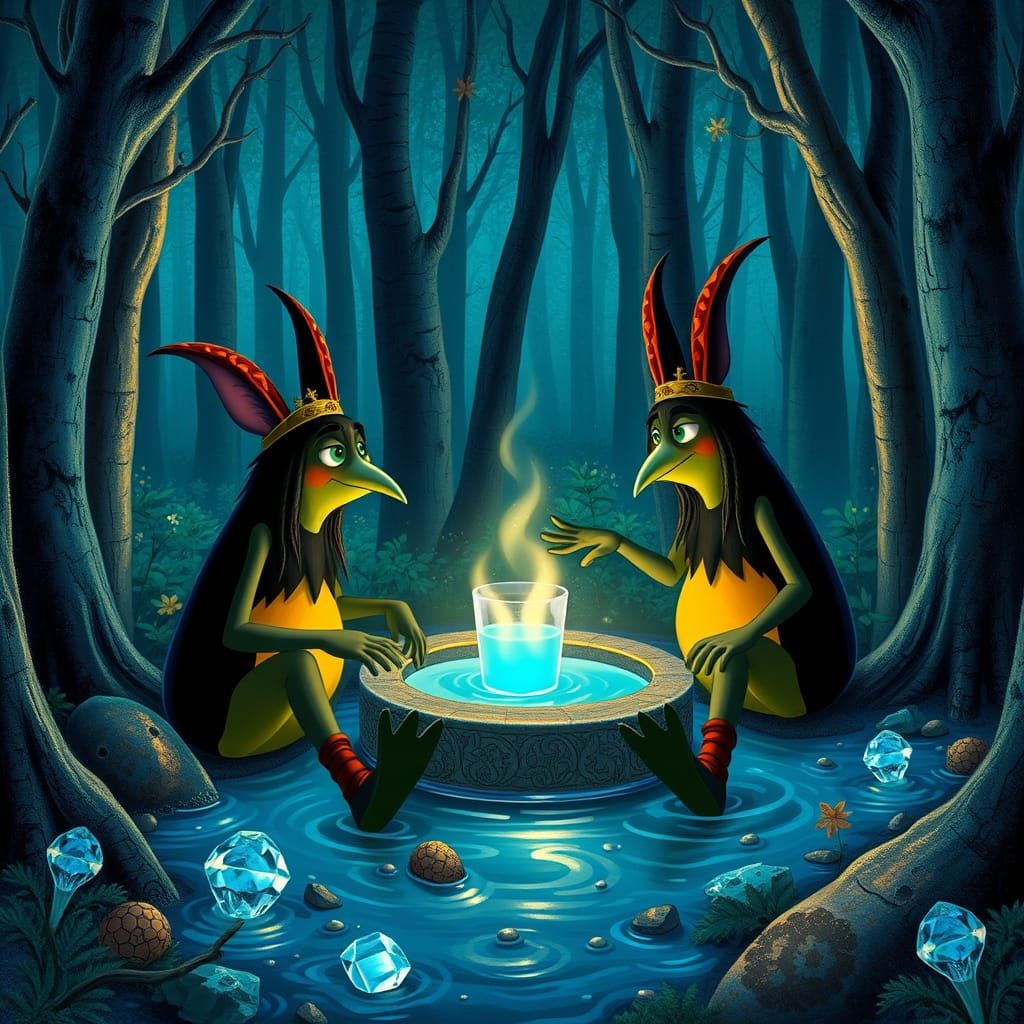Three Witches Gather Around a Steaming Cauldron in a Whimsic...