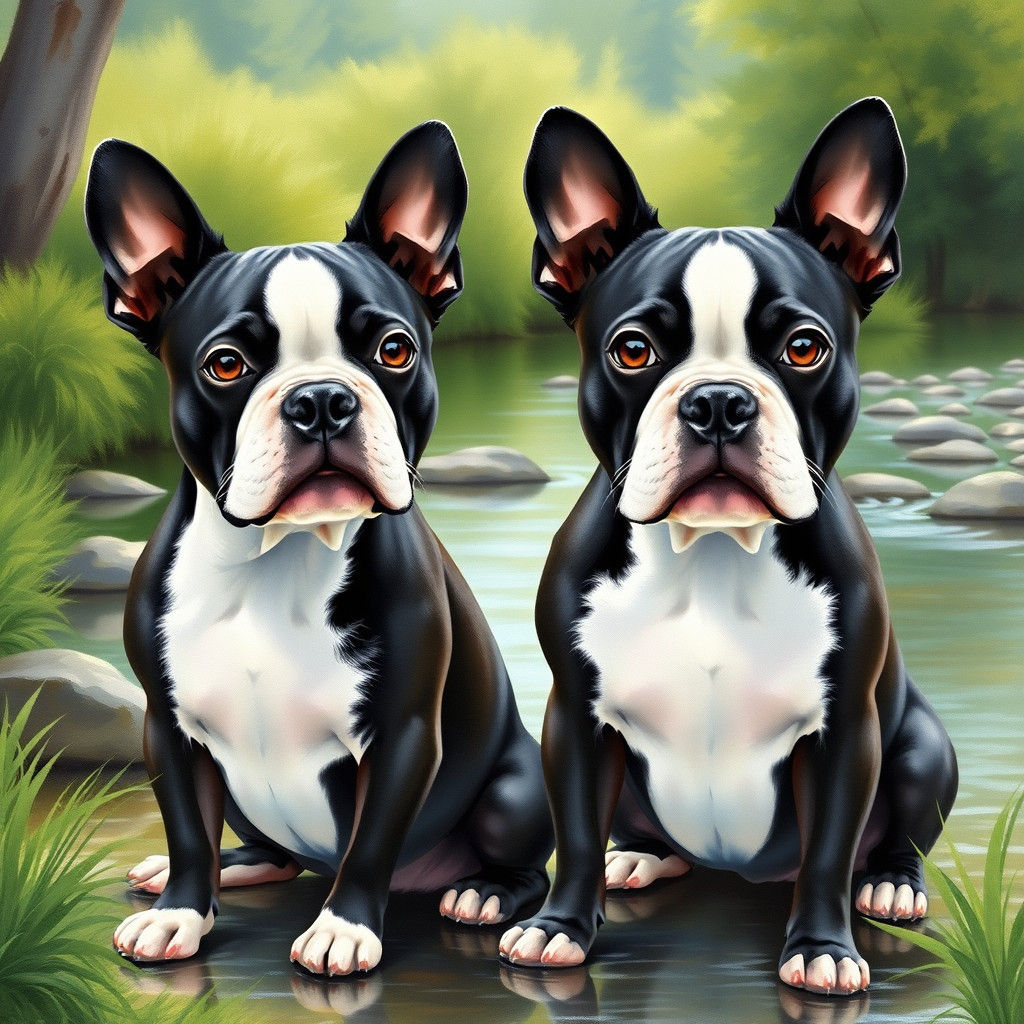 Boston Terriers in Lush Landscape, Impressionistic Style
