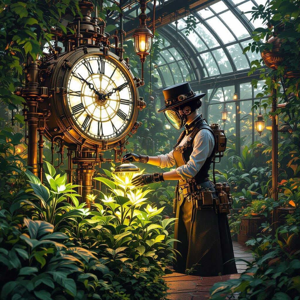 Steampunk Clockwork Gardener in Bioluminescent Botanical Gar...