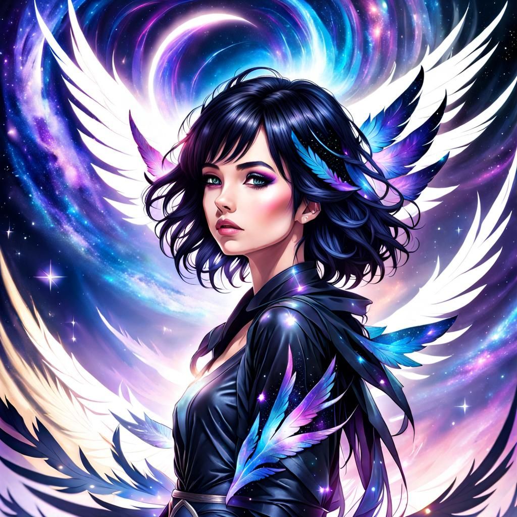 Raven Haired Girl with Galaxy Wings