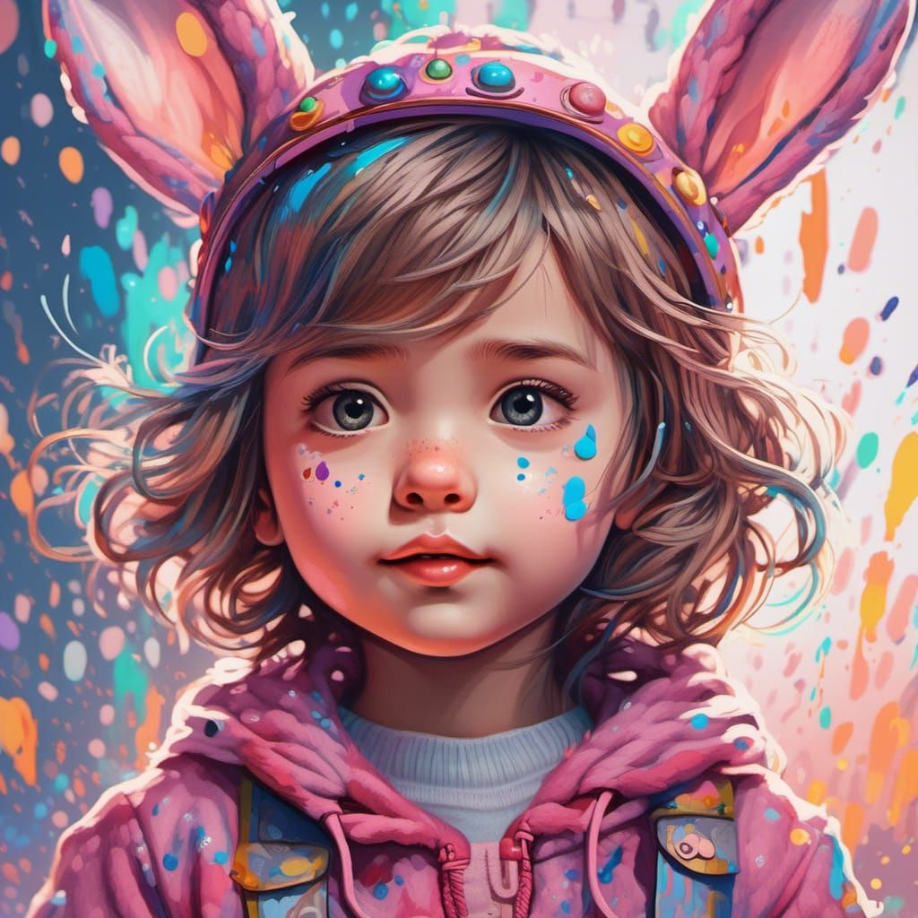 Adorable Girl in Bunny Costume Ink Linework Portrait