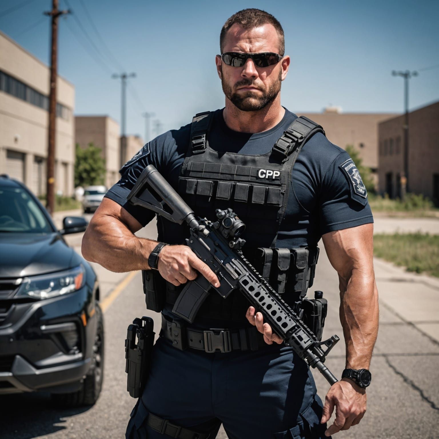 Muscular Cop with AR15