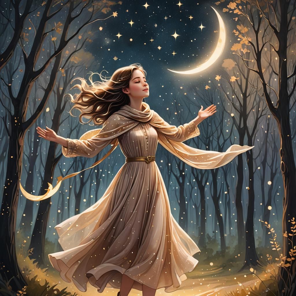 Girl in Starry Forest: Whimsical Magical Realism