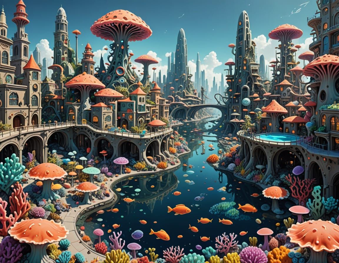 Whimsical Amoeba City in Vibrant Tide Pool