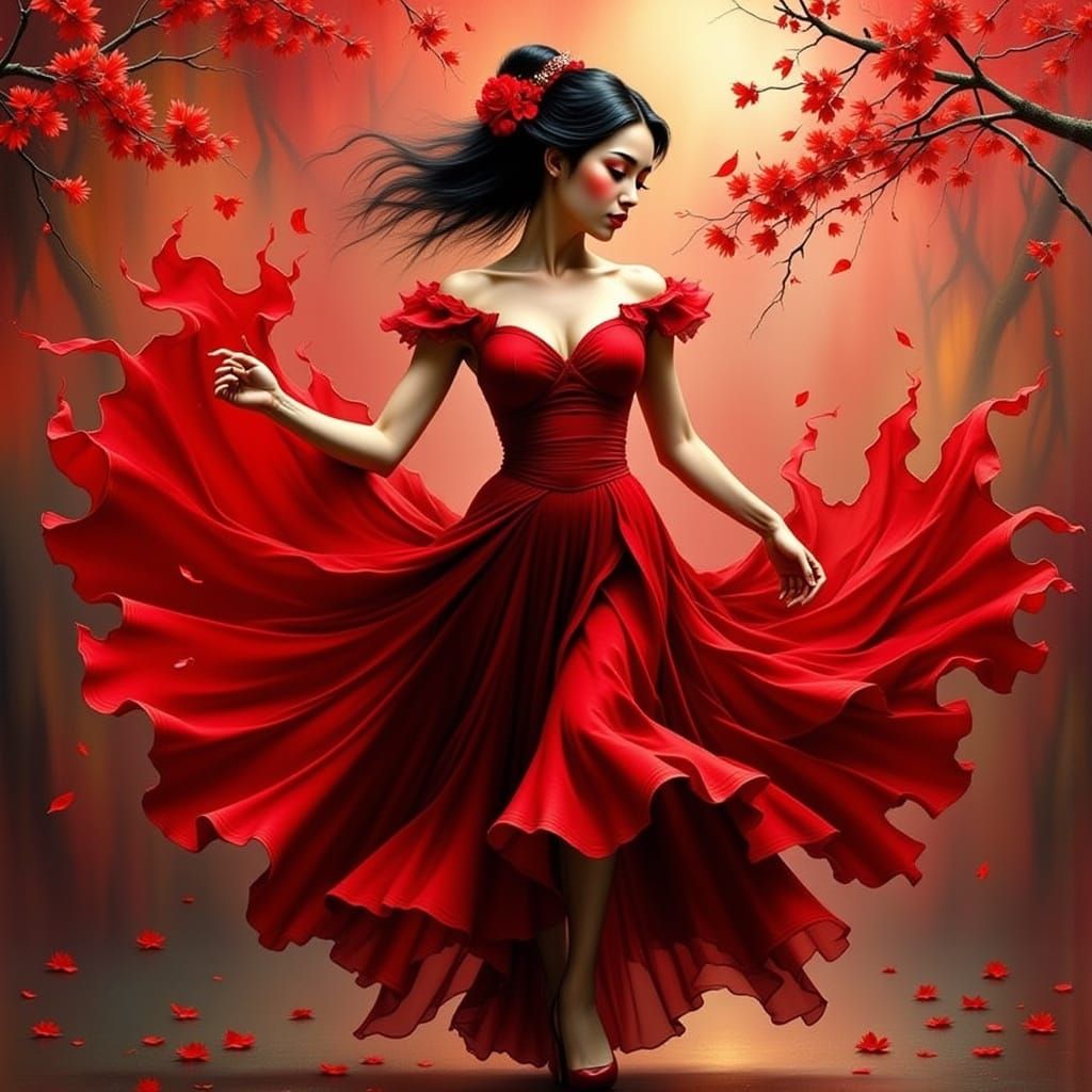 Surreal Red Dancer in Dynamic Flux