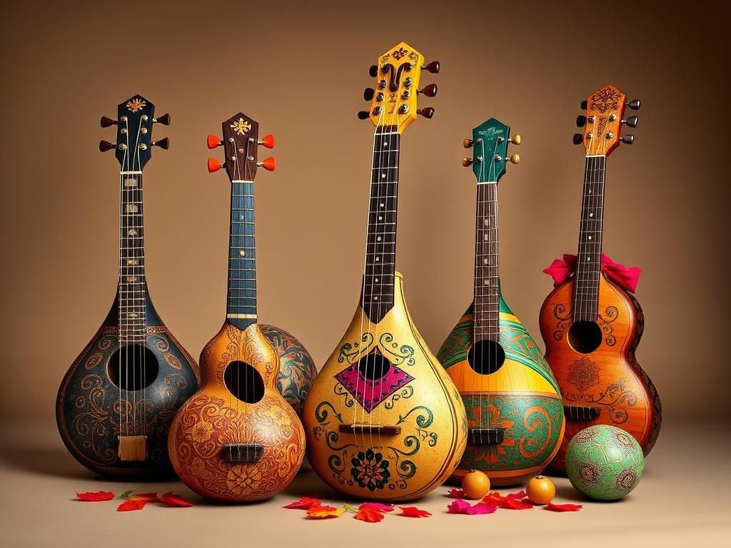 Gourd Instruments in Ornate Mexican Folk Art Style