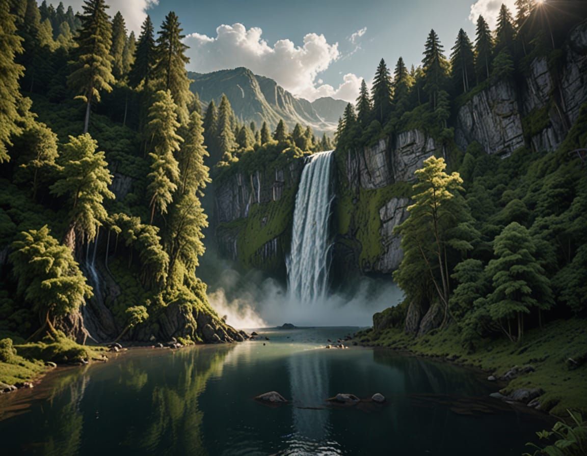 Massive Waterfall into Serene Lake Digital Matte Painting