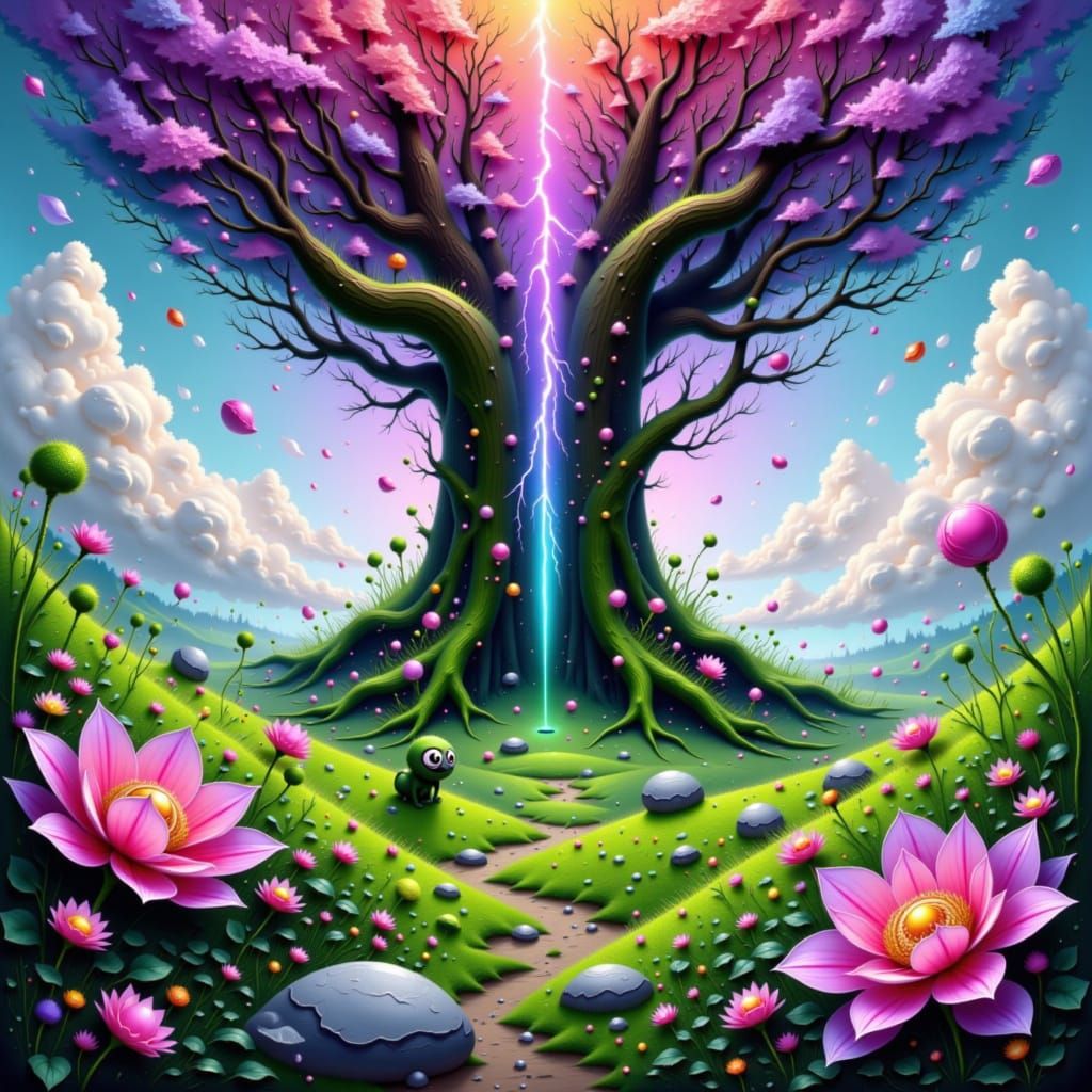 Massive Split Tree Struck by Lightning with Moss Critter