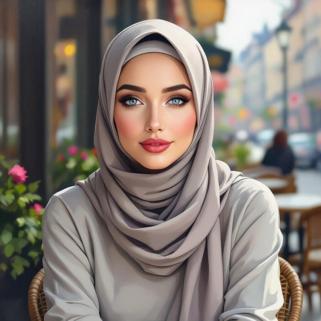 Minimalist Oil Painting of Elegant Hijabi Woman Smiling