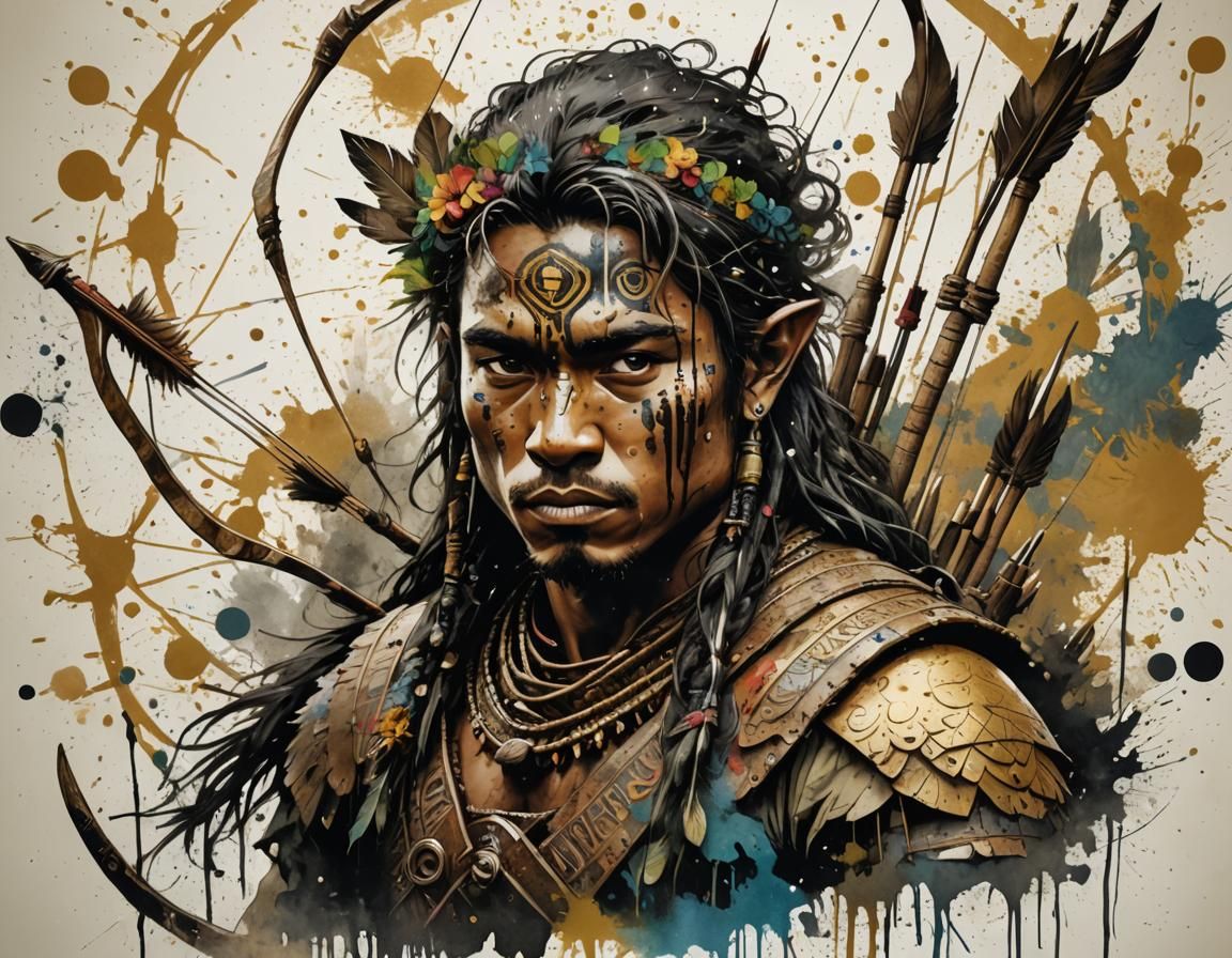 Polynesian Archer Portrait with Ink Splatter Art