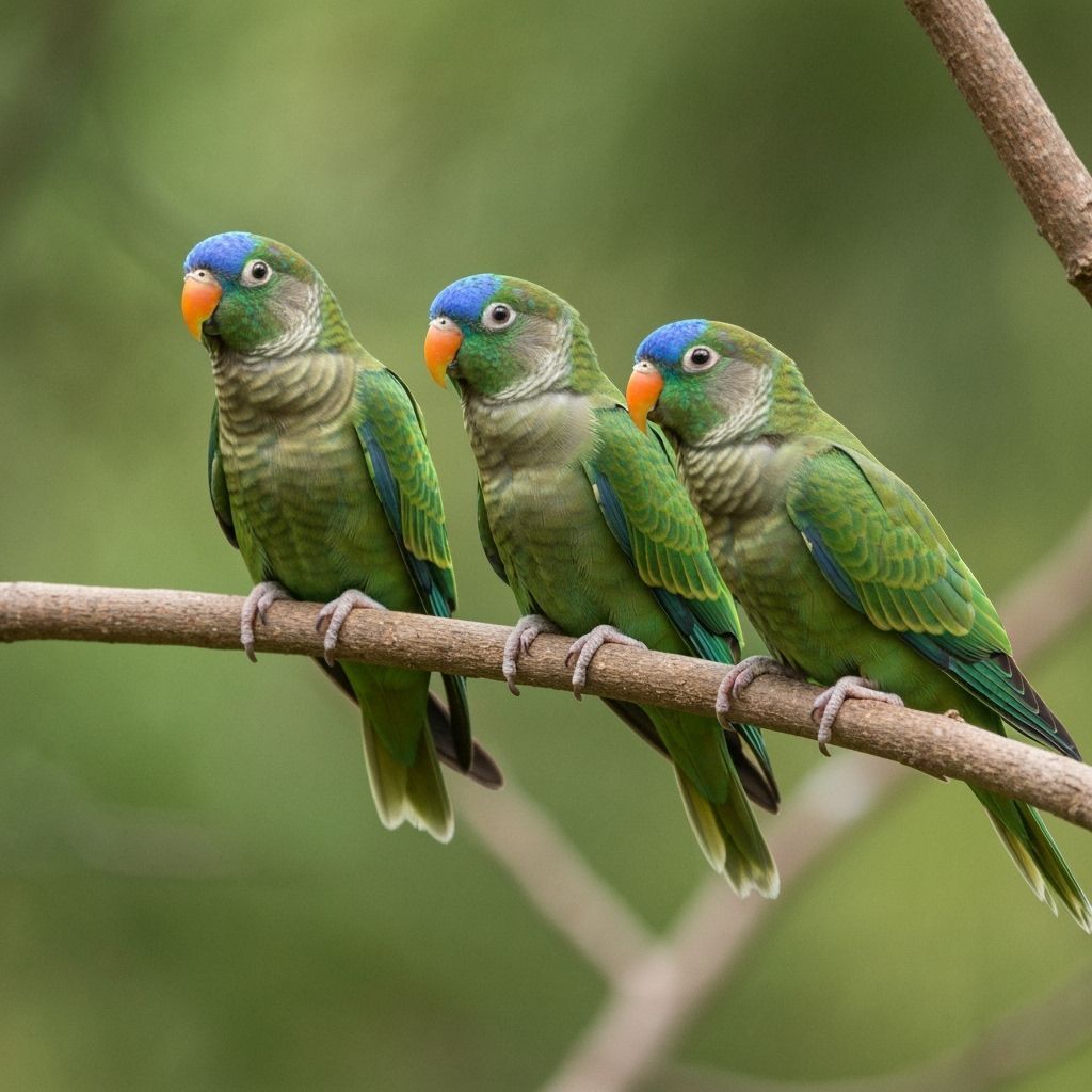 Three exotic birds sitting on a twig on a tree.