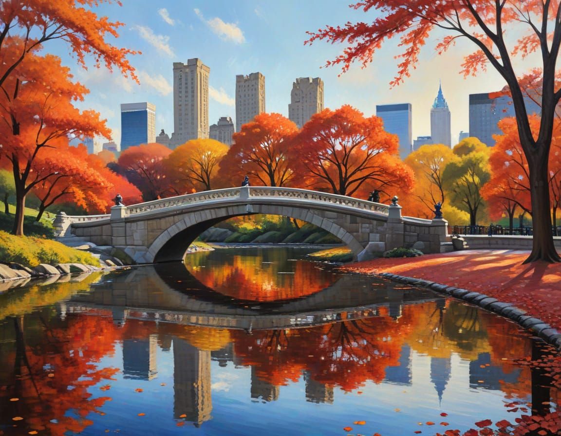 Central Park Autumn Impasto Oil Painting
