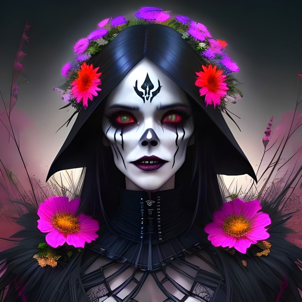 Grim Reaper Portrait in Wildflowers, Detailed Painting