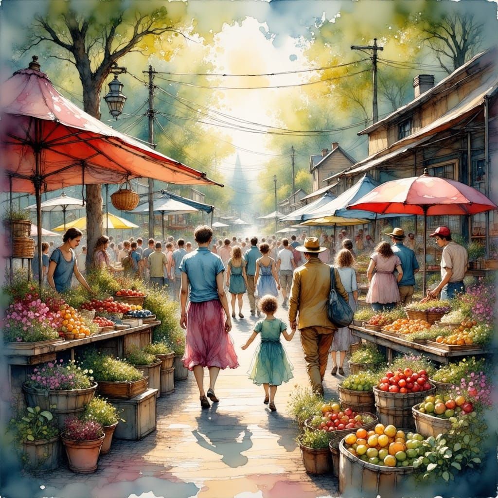 Bustling Farmers' Market by River in Ethereal Style
