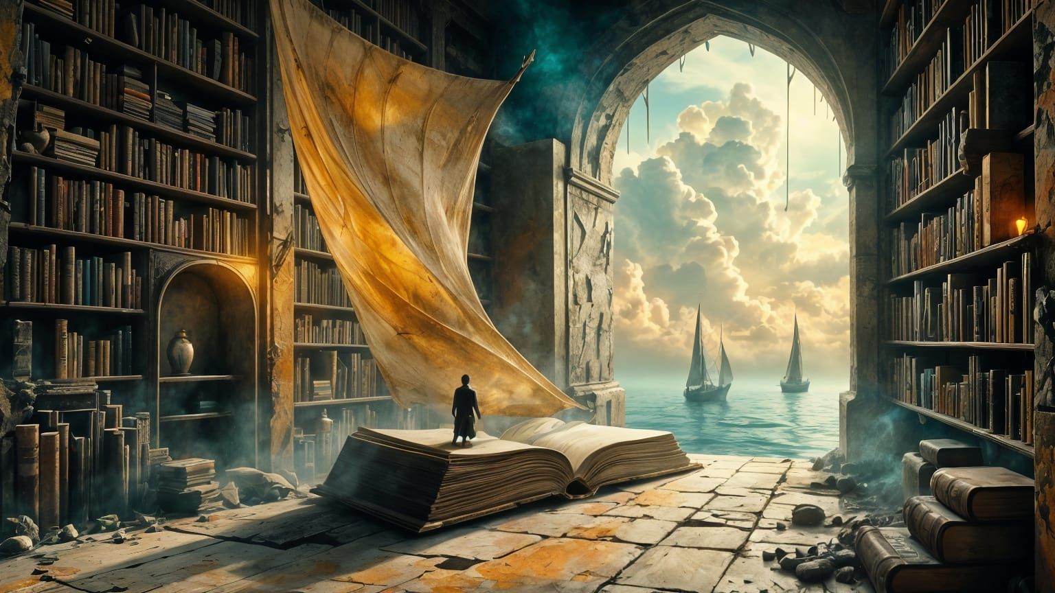 Miniature Ship Sailing from Book, Fantasy Art