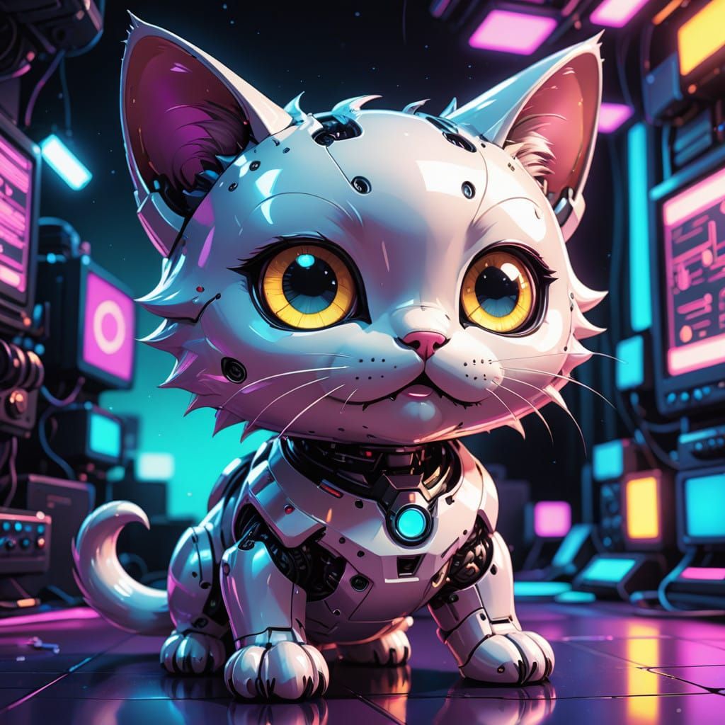 Cyberpunk Chibi Cat in Radiant Synthwave Laboratory