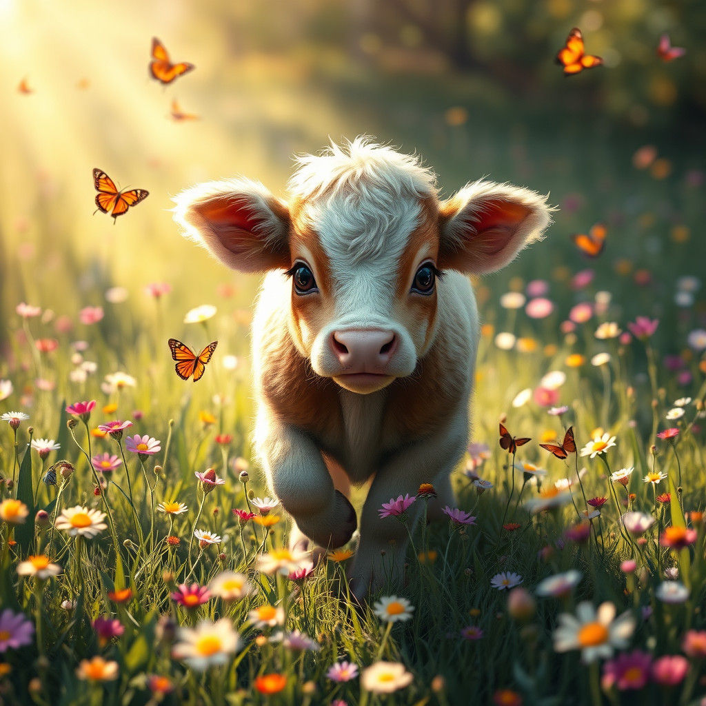 Baby Cow Frolicking in a Butterfly Meadow