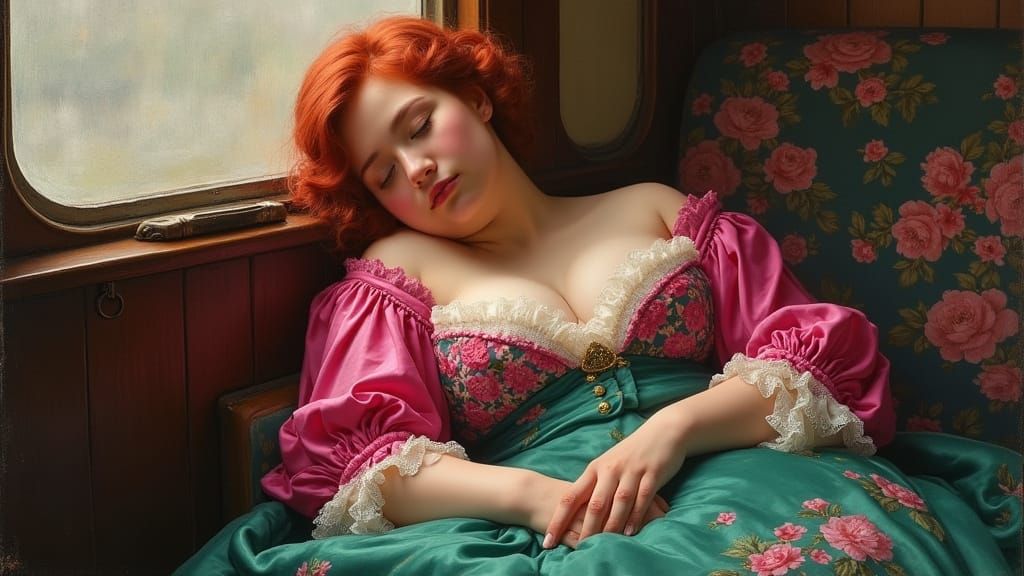 Victorian Lady Asleep on Train in Pink and Green Dress