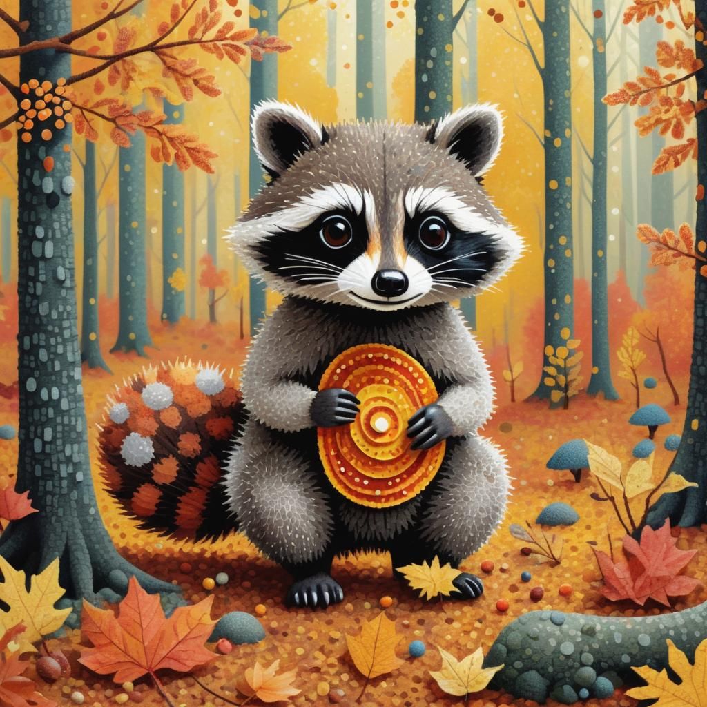 Adorable Raccoon in Autumn Forest, Pointillism Style