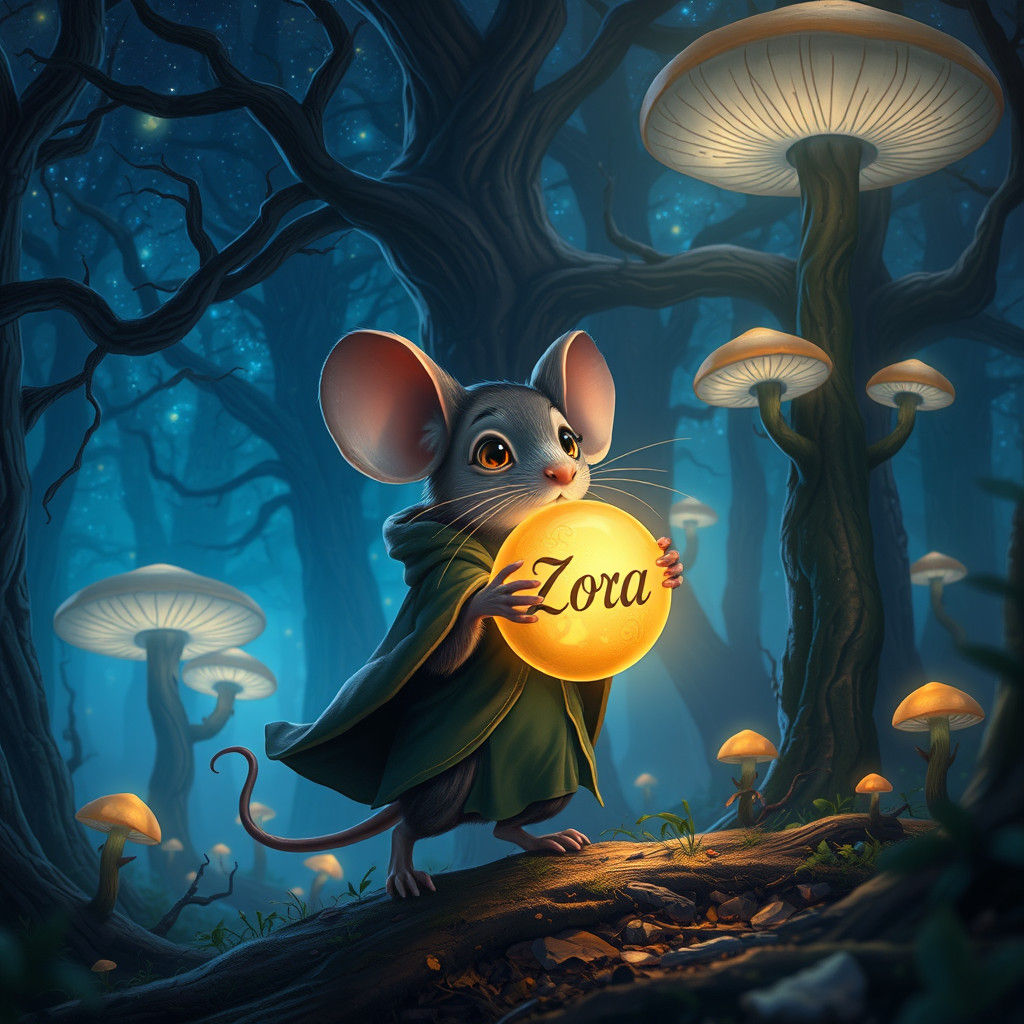Mouse in Mystical Forest with Glowing Orb