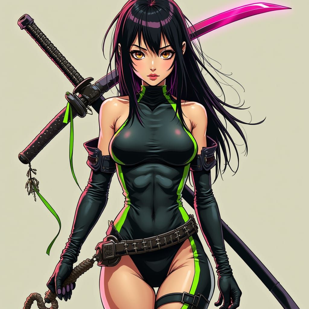 Female Ninja with Psy Blade and Katana in Cyberpunk Manga St...