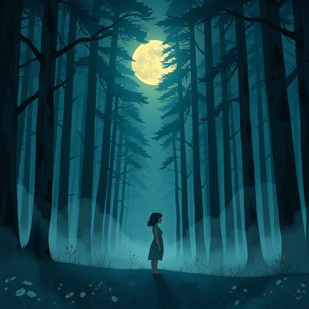 Ethereal Woman's Voice Echoes in Moonlit Forest