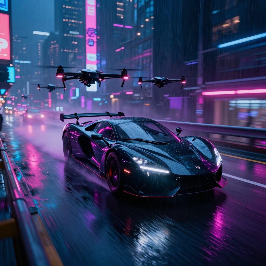 Supercar Chase Through Neon City Streets in Cyberpunk Style