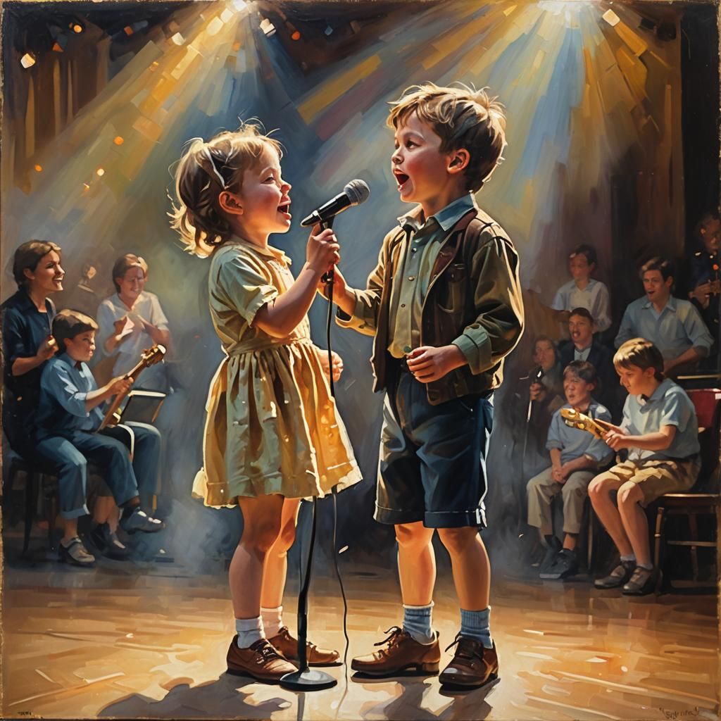 Child Singer's Tender Moment: Impressionist Oil Painting