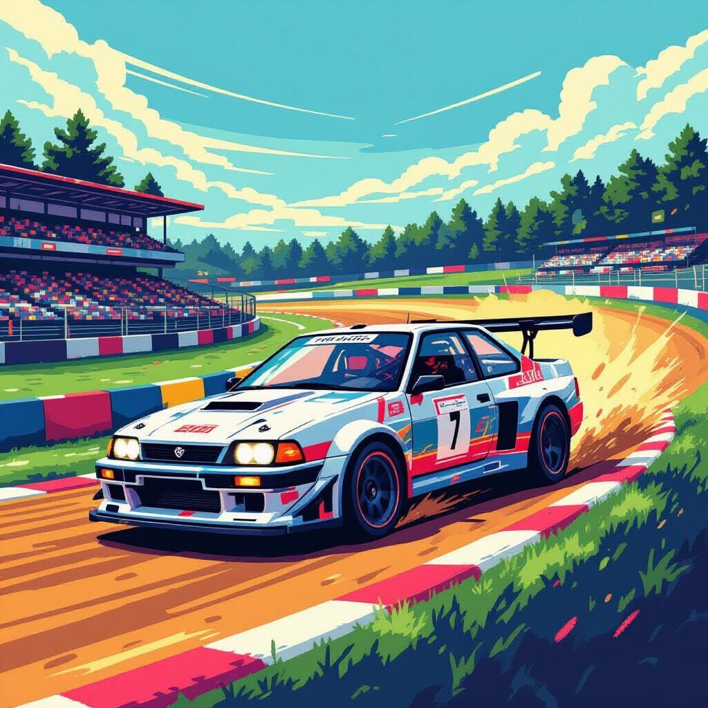 Pixel Art Rally Car Speeds on Retro Dirt Track