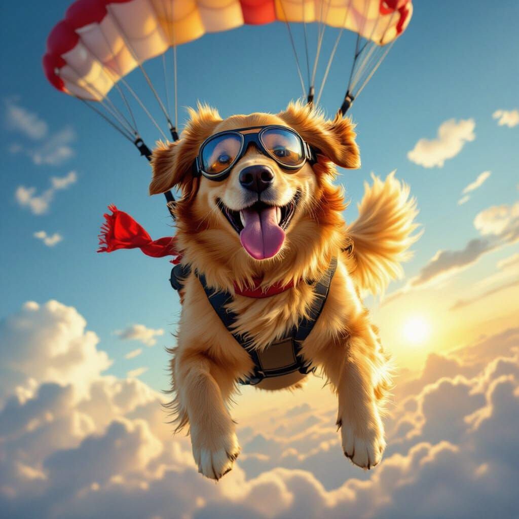 Golden Retriever Skydiving with Goggles and Scarf