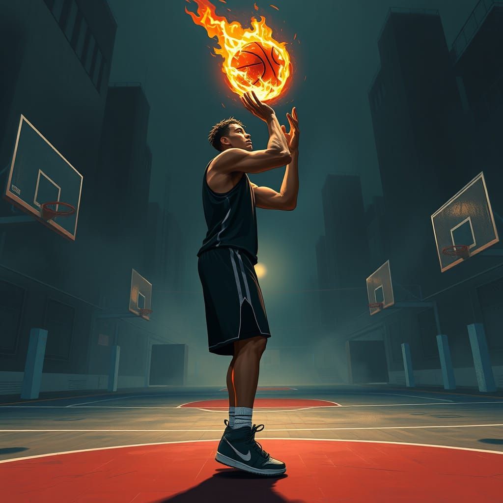 Heroic Basketball Player Prepares to Launch Blazing Ball Dow...