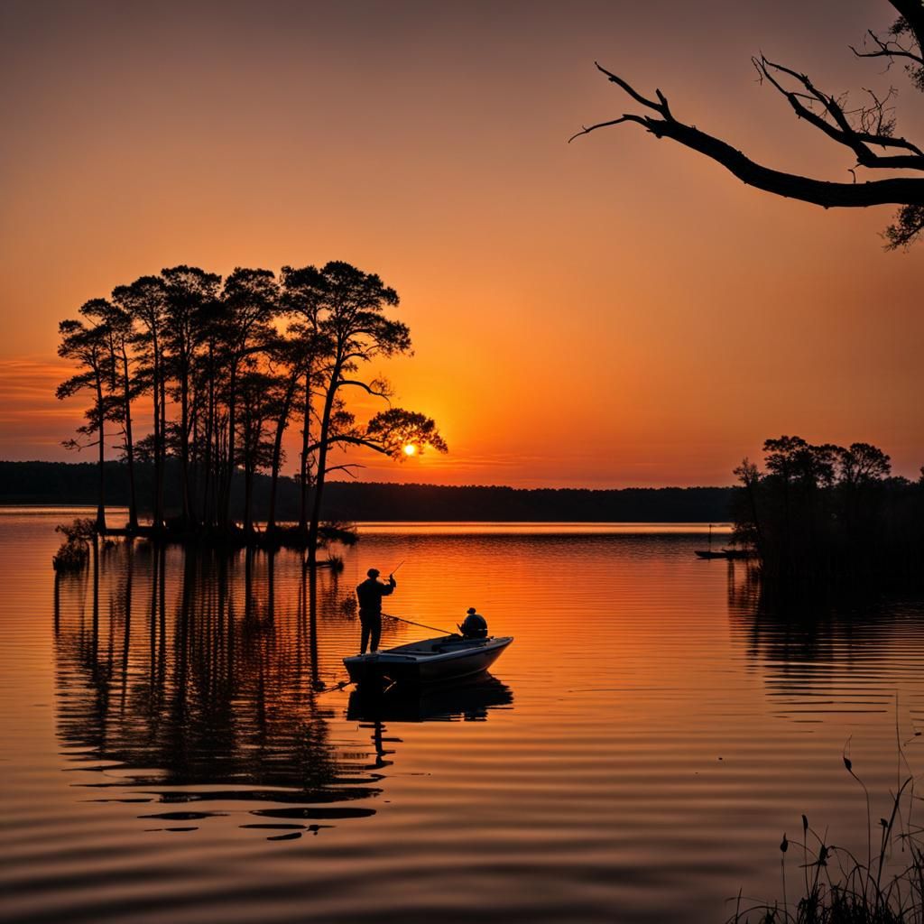 East Texas Lake Sunset with Fisherman