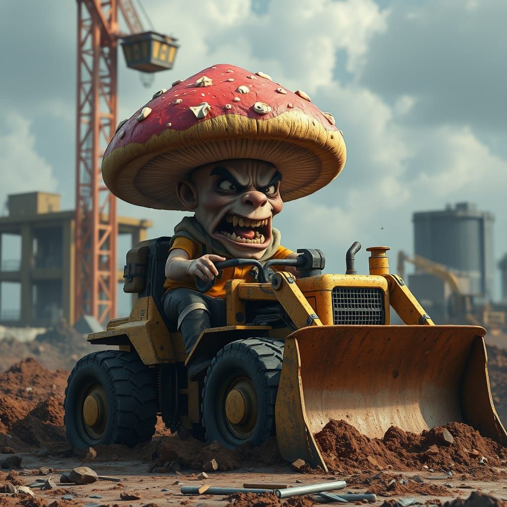 Mushroom Construction Worker on Bulldozer