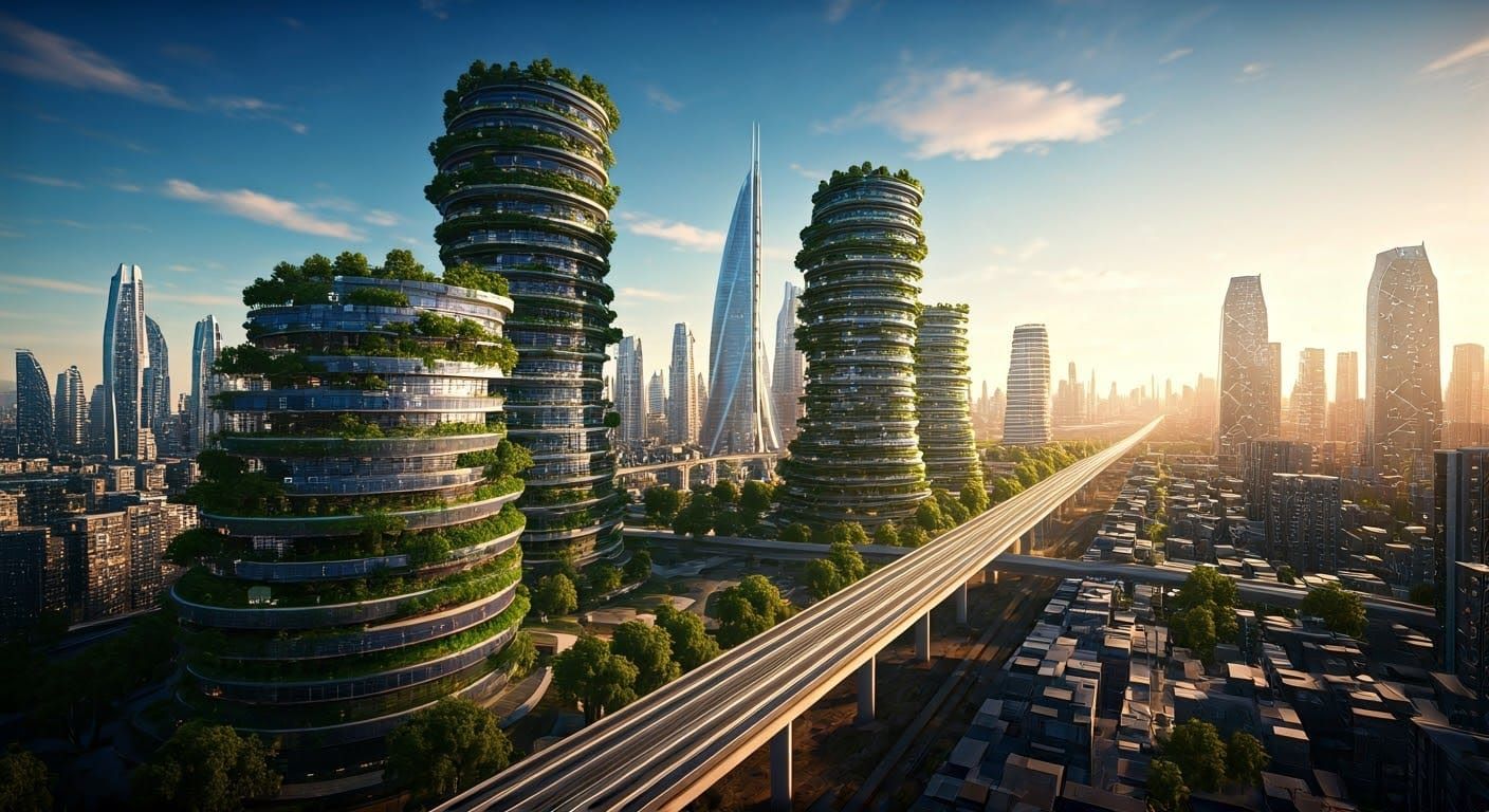 Solarpunk Metropolis in Golden Hour