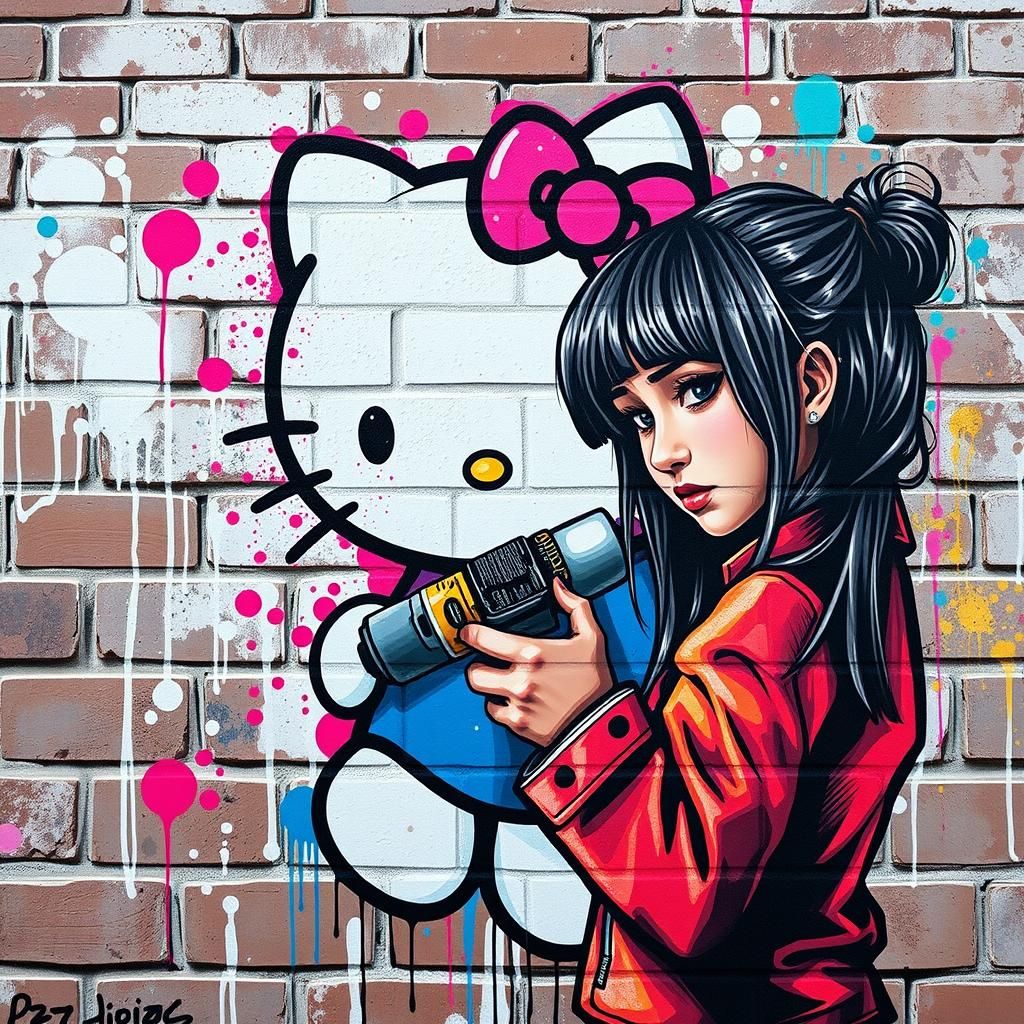 Hello Kitty Graffiti Art on Brick Wall