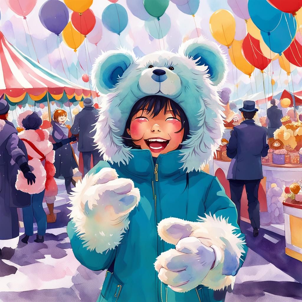Joyful Preschooler Wins Teddy Bear: Anime Watercolor