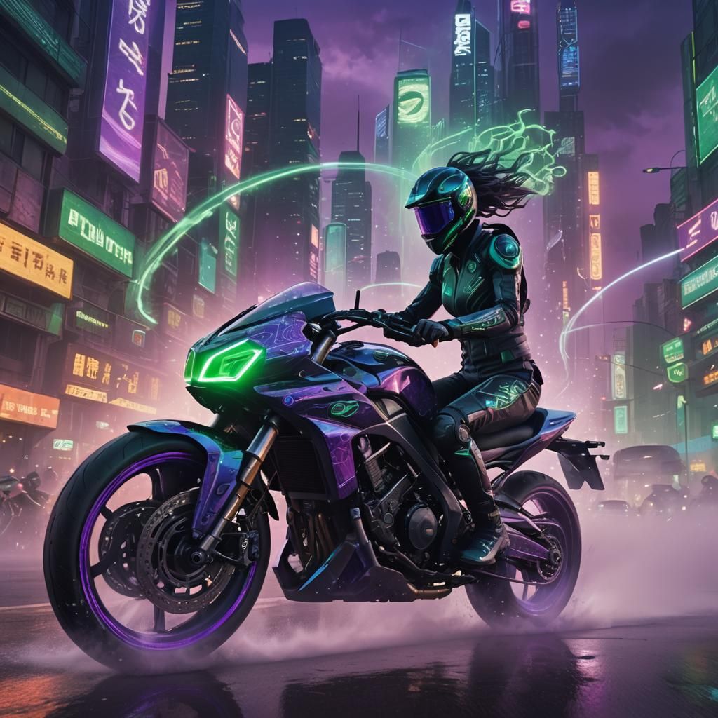 Futuristic Bike Speeding Through a Neon Cityscape