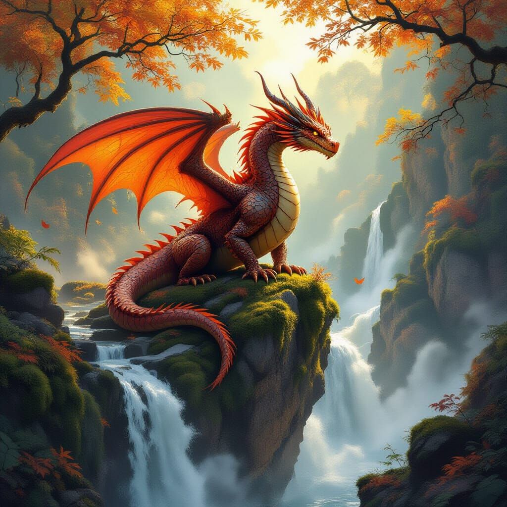 Majestic Autumn Dragon Overlooking Waterfall in Fantasy Art ...